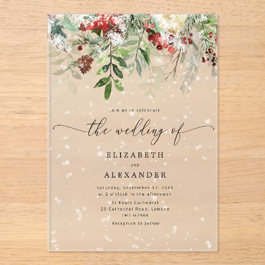 Evergreen elegante sneeuw winterbruiloft acryl uitnodigingen (Voorkant)