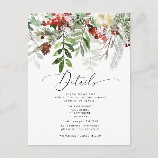 Evergreen elegante winter bruiloft details informatiekaartje (Voorkant)