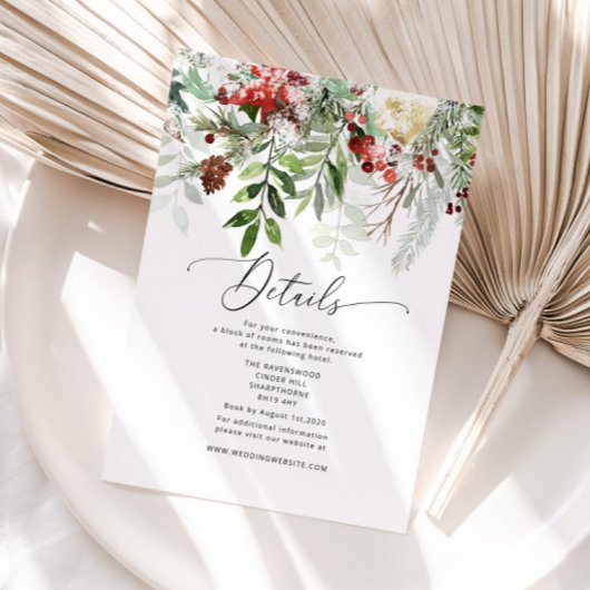 Evergreen elegante winter bruiloft details informatiekaartje