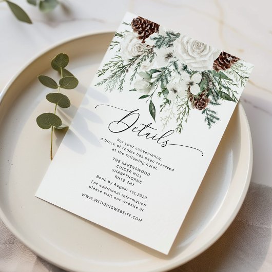 Evergreen elegante winter bruiloft details informatiekaartje