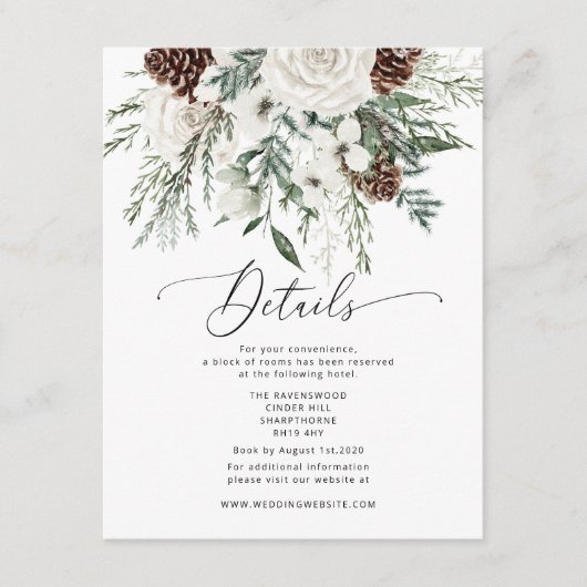 Evergreen elegante winter bruiloft details informatiekaartje (Voorkant)