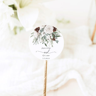 Evergreen elegante winter bruiloft ronde sticker