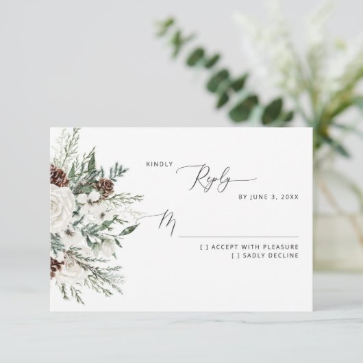 Evergreen elegante winter bruiloft RSVP-kaart RSVP Kaartje (Staand voorkant)