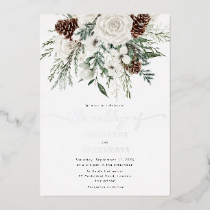 Evergreen elegante winterbruiloft Zilver Folie Uitnodiging