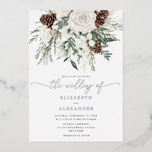 Evergreen elegante winterbruiloft Zilver Folie Uitnodiging (Voorkant)