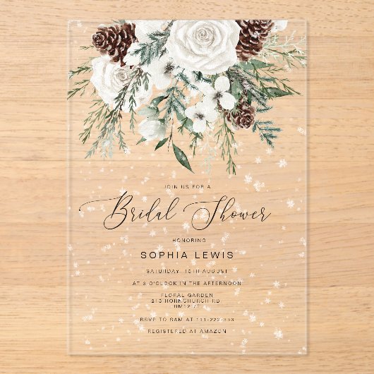 Evergreen elegante wintersneeuw vrijgezellenfeest acryl uitnodigingen (Voorkant)