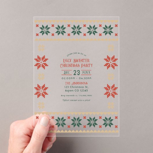 Evergreen Ember Ugly Sweater Christmas Party Acryl Uitnodigingen (Insitu (Draagbaar))