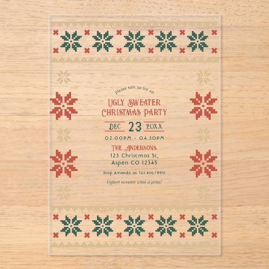 Evergreen Ember Ugly Sweater Christmas Party Acryl Uitnodigingen (Voorkant)