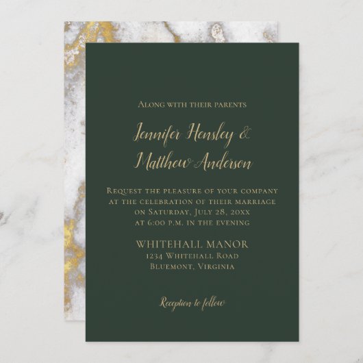 Evergreen en Gold Marble Winter Wedding Kaart (Voorkant / Achterkant)