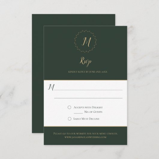 Evergreen en Gold Monogram Verticale RSVP-kaarten RSVP Kaartje (Voorkant / Achterkant)