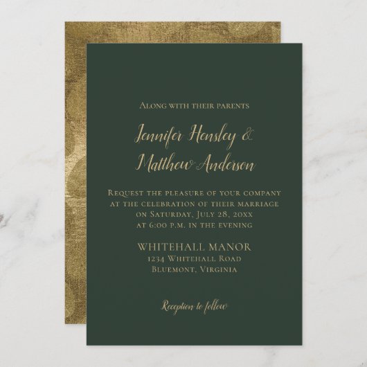 Evergreen en Gold Winter Wedding Invitations Kaart (Voorkant / Achterkant)