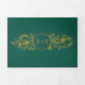 Evergreen en gouden lijst, initialen winterbruilof drieluik uitnodiging (Cover)