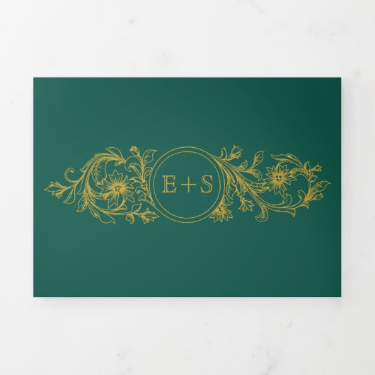 Evergreen en gouden lijst, initialen winterbruilof drieluik uitnodiging (Cover)