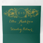 Evergreen en gouden lijst, initialen winterbruilof drieluik uitnodiging (Binnenzijde eerst)