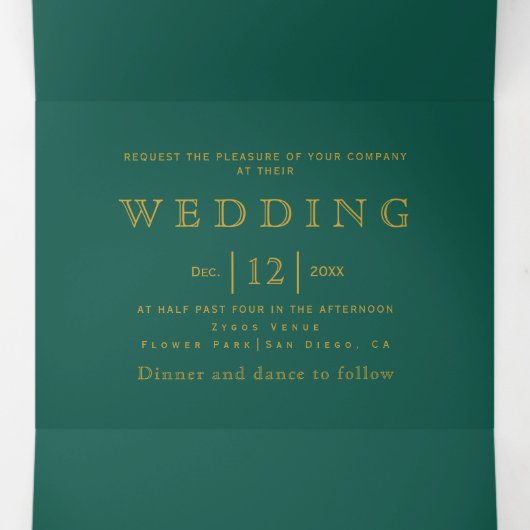 Evergreen en gouden lijst, initialen winterbruilof drieluik uitnodiging (Binnenkant midden)