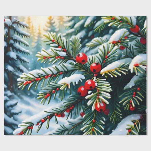 Evergreen en Holly bessen Cadeaupapier (Vlak)