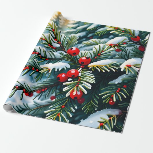 Evergreen en Holly bessen Cadeaupapier (Uitgerold)