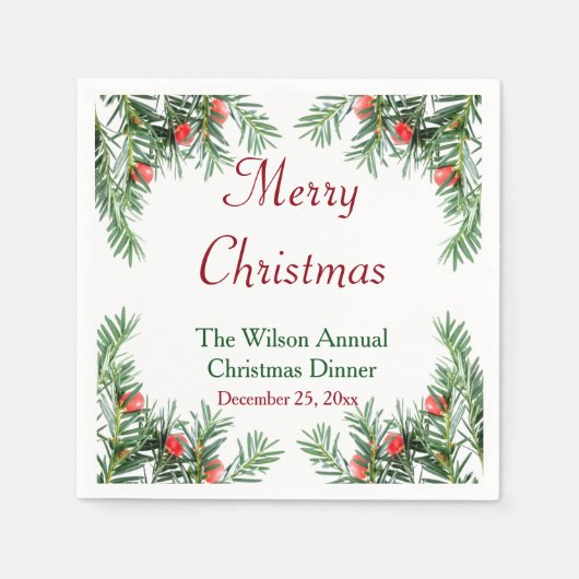Evergreen en Red Berries kerstluiers Servet (Voorkant)