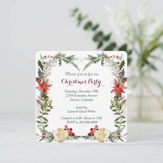 Evergreen Floral Berry Lijst Holiday Party Uitnodi Kaart (Staand voorkant)