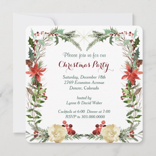 Evergreen Floral Berry Lijst Holiday Party Uitnodi Kaart (Voorkant)