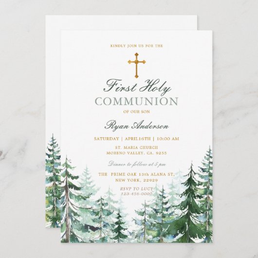 Evergreen Forest Cross Boy Eerste Heilige Communie Kaart (Voorkant / Achterkant)