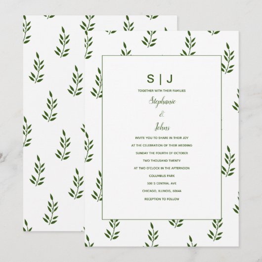 Evergreen Forest Groen Wit Blad Monogram Bruiloft Kaart (Voorkant / Achterkant)