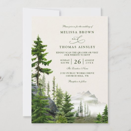 Evergreen Forest Rustic Mountain QR Code Wedding Kaart (Voorkant)