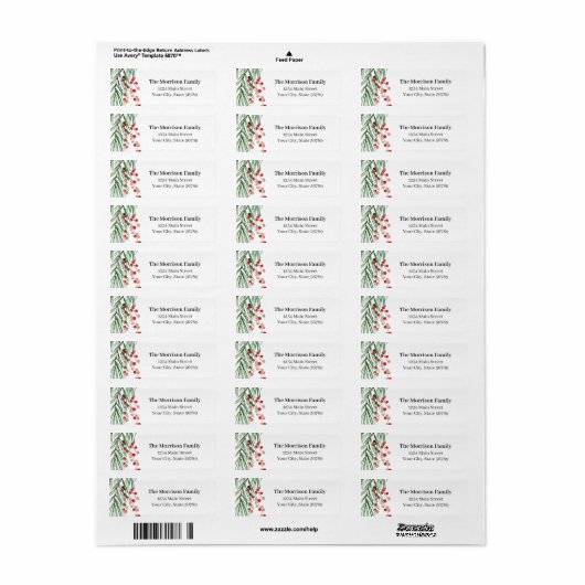 Evergreen & Hollyberry Holiday Adres Etiket (Full Sheet)