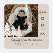 Evergreen Kerstboom Baby Geboortedatum Foto Metalen Ornament (Voorkant)