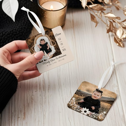 Evergreen Kerstboom Baby Geboortedatum Foto Metalen Ornament