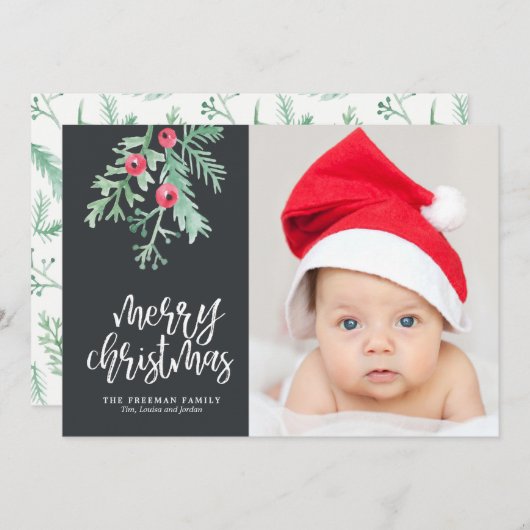 Evergreen kerstfeestdag fotokaart in Slate Feestdagenkaart (Voorkant / Achterkant)