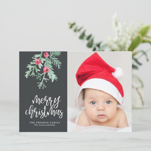 Evergreen kerstfeestdag fotokaart in Slate Feestdagenkaart (Staand voorkant)