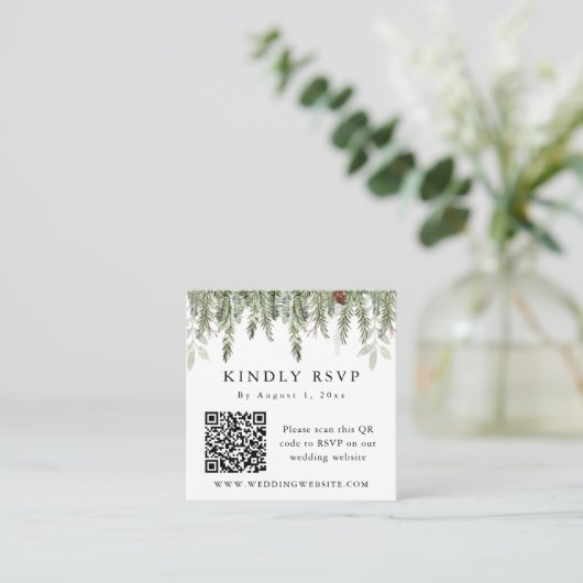 EVERGREEN Kerstfeestdag QR-code winters RSVP Vierkante Visitekaartje (Staand voorkant)