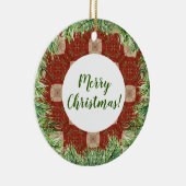 Evergreen krans en rood patroon keramisch ornament (Rechts)