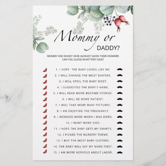 Evergreen mammie- of papa baby shower-spel (Voorkant)