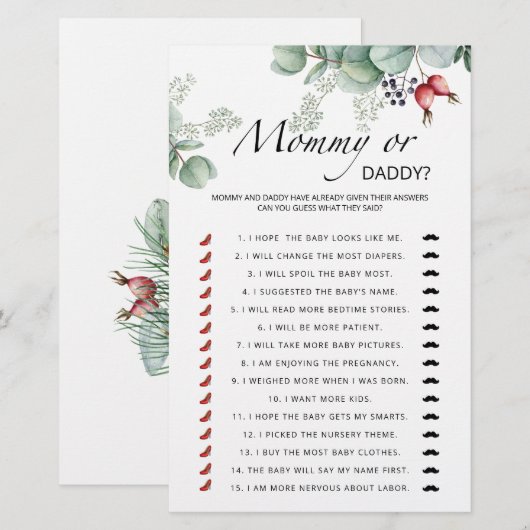 Evergreen mammie- of papa baby shower-spel (Voorkant / Achterkant)