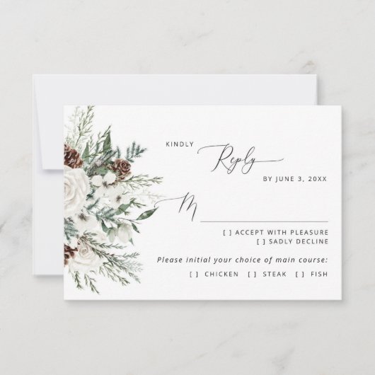 Evergreen moderne winter bruiloft maaltijd keuze R RSVP Kaartje (Voorkant)