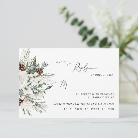 Evergreen moderne winter bruiloft maaltijd keuze R RSVP Kaartje (Staand voorkant)