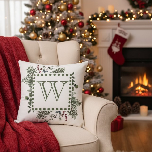 Evergreen Monogram Kussen (Monogram initial Christmas holiday pillow)
