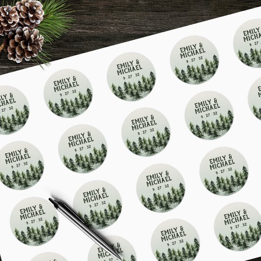 Evergreen Mountain Forest Green White Black Names Ronde Sticker