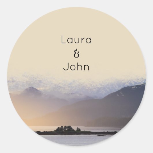 Evergreen Mountain Mist Bruiloft Feest Favorieten Ronde Sticker (Voorkant)
