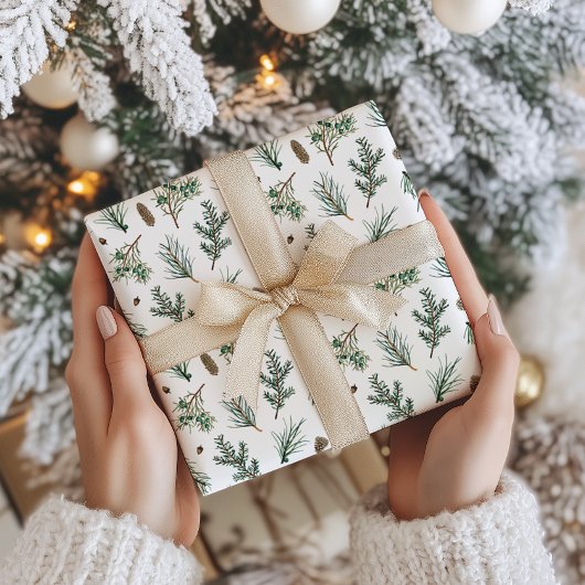 Evergreen Pine Branches en Pinecone Kerstmis Cadeaupapier