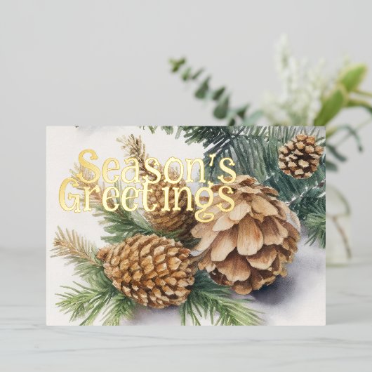 Evergreen Pine Cones Season's Groeten Rustiek Folie Feestdagenkaart (Staand Voorkant)