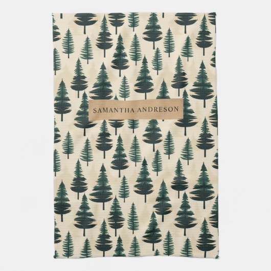 Evergreen Pine in donkergroen en beige Theedoek (Verticaal)