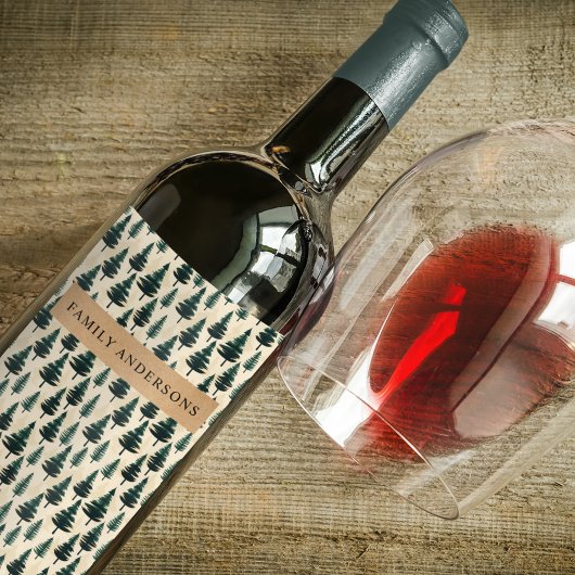 Evergreen  Pine in donkergroen en beige Wijn Etiket