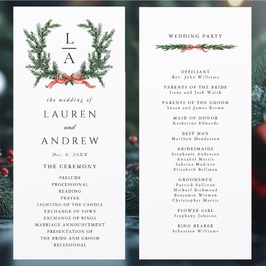 Evergreen Pine Wreath Wedding Ceremony Program Programmakaart