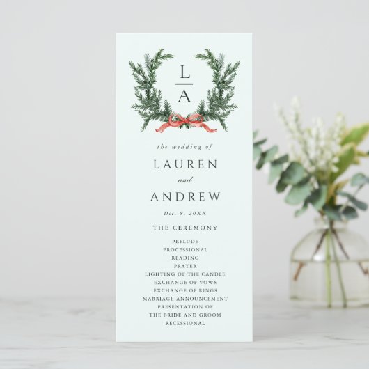 Evergreen Pine Wreath Wedding Mint Green Ceremony  Programmakaart (Staand voorkant)