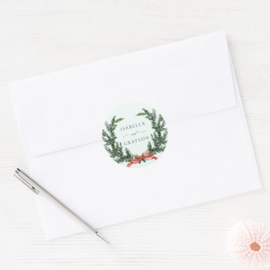 Evergreen Pine Wreath Wedding Mint Green Ronde Sticker (Envelop)