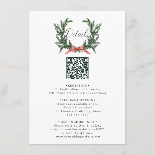 Evergreen Pine Wreath Wedding QR Code Details Informatiekaartje (Voorkant)