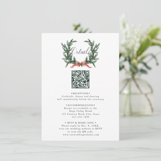 Evergreen Pine Wreath Wedding QR Code Details Informatiekaartje (Staand voorkant)
